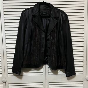 Tribal Black Leather Jacket with Woven Detail